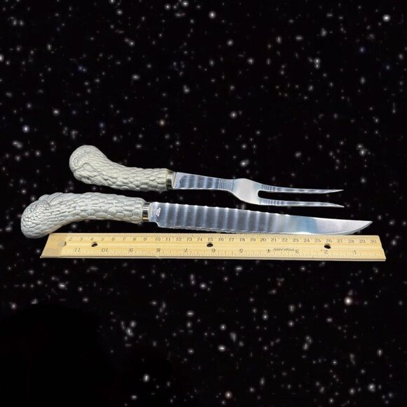 1980s Stainless Metal Handle Knife And Meat Fork Set 2 Vintage Bird 11”L 13”Long - Picture 13 of 16